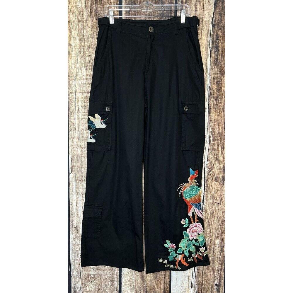Johnny Was Hinga Black Cargo Wide Leg Pants Sz 8 Peacock Floral Embroidered Boho